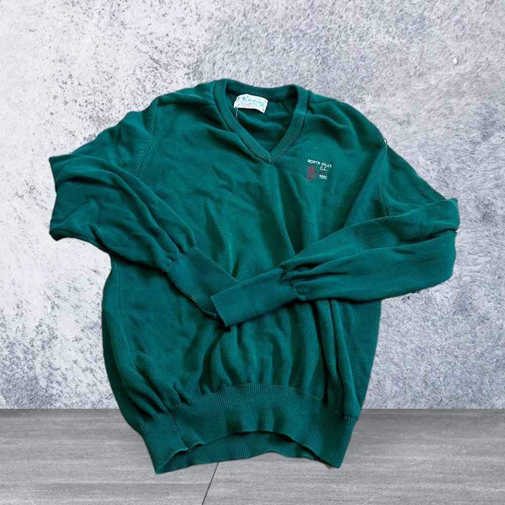 Vintage Pickering Sportswear Mens V Neck Sweater Size L Green USA North Hills CC